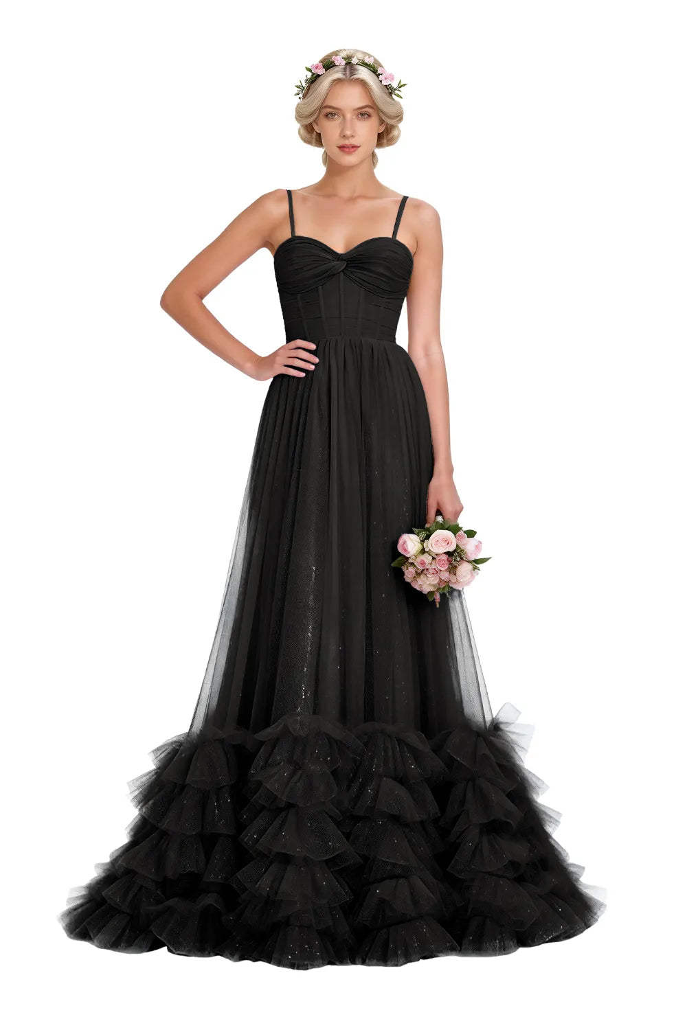Strapless Ruffled Tulle Prom Ball Gown Dress