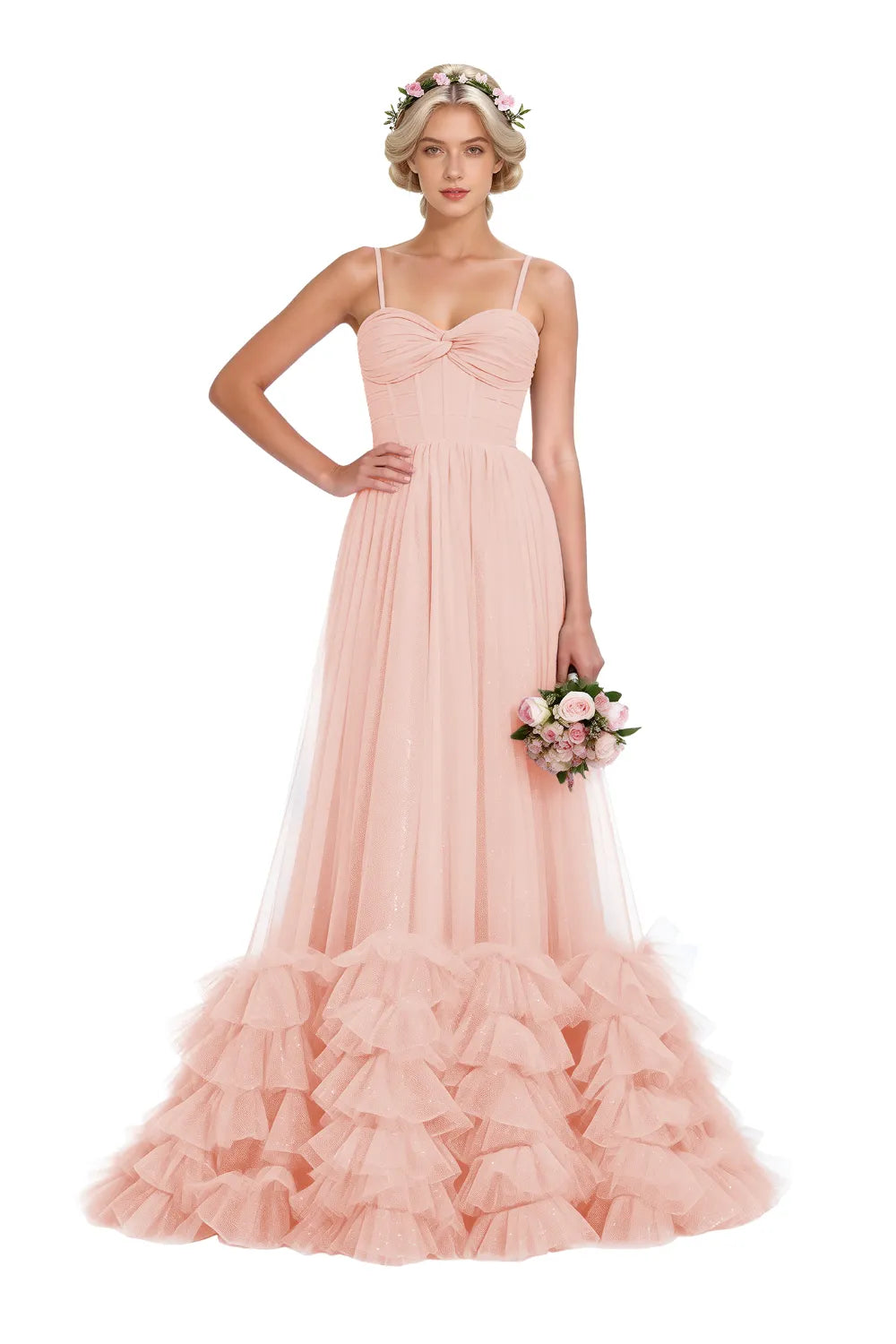 Strapless Ruffled Tulle Prom Ball Gown Dress