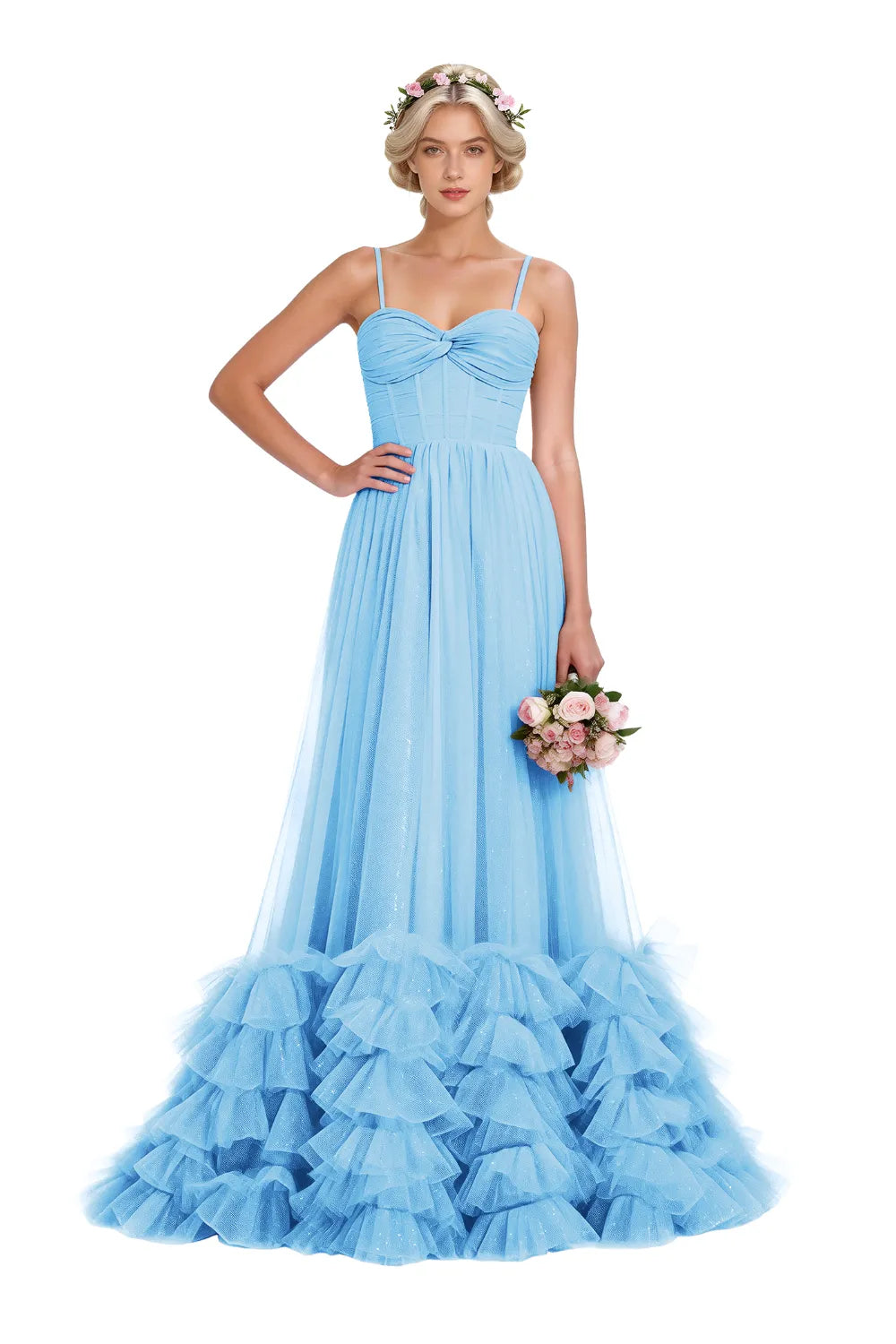 Strapless Ruffled Tulle Prom Ball Gown Dress