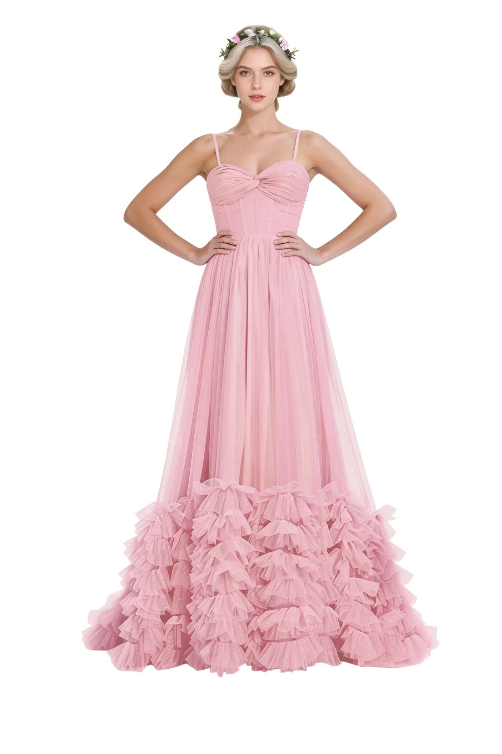 Strapless Ruffled Tulle Prom Ball Gown Dress