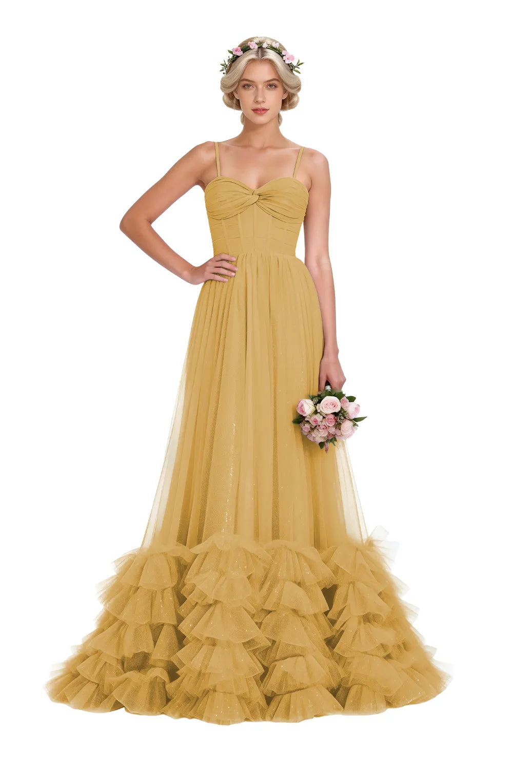 Strapless Ruffled Tulle Prom Ball Gown Dress