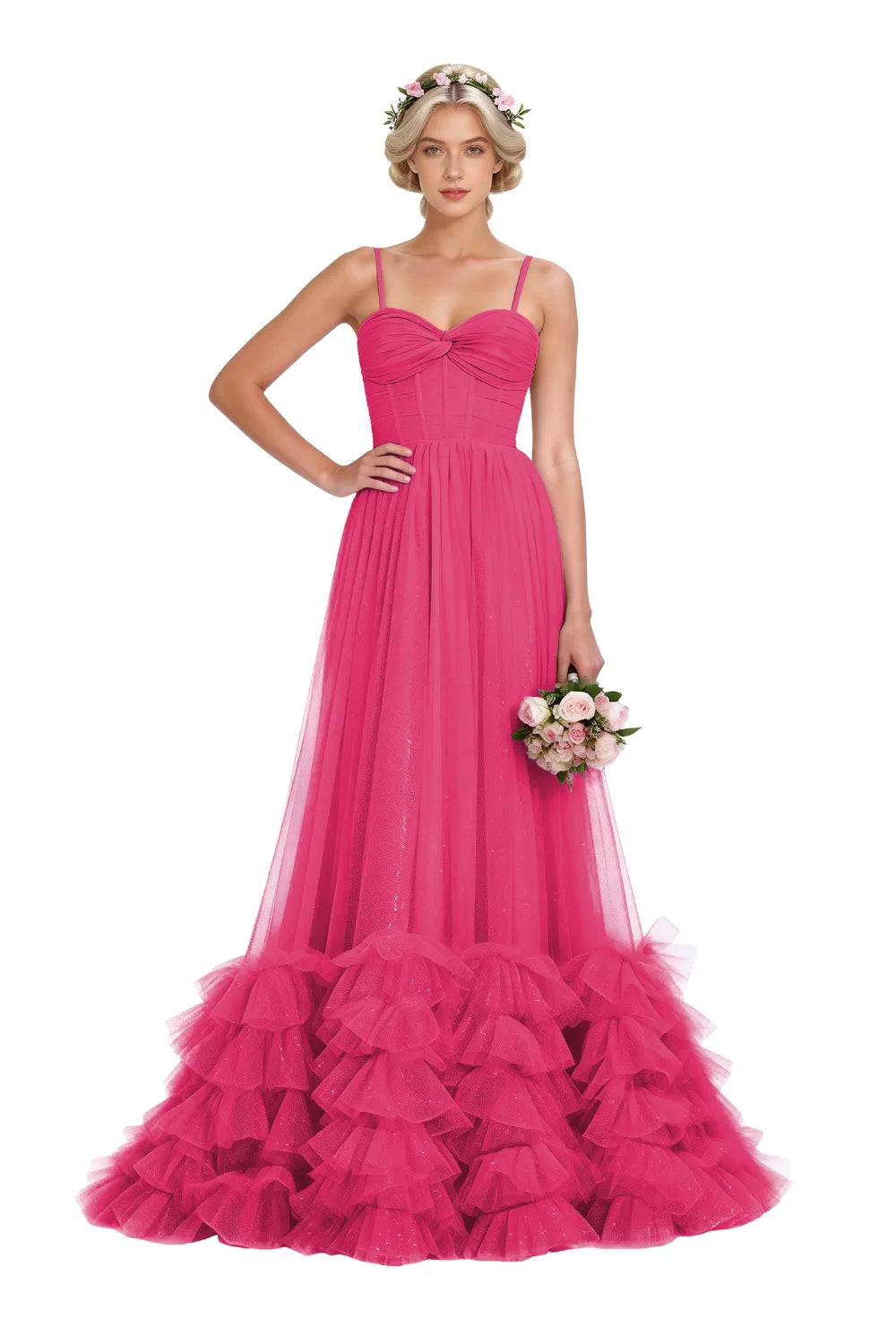 Strapless Ruffled Tulle Prom Ball Gown Dress