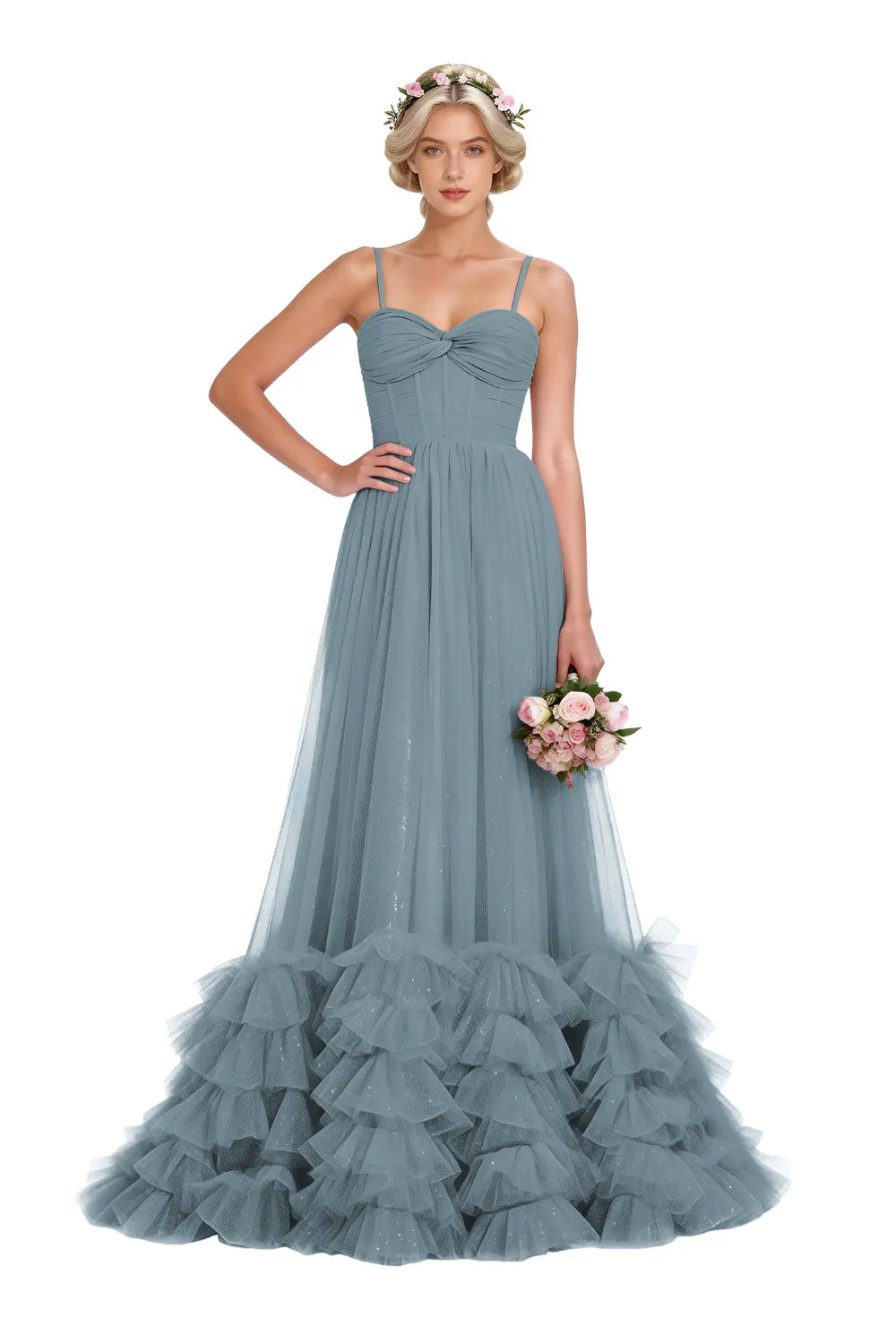 Strapless Ruffled Tulle Prom Ball Gown Dress