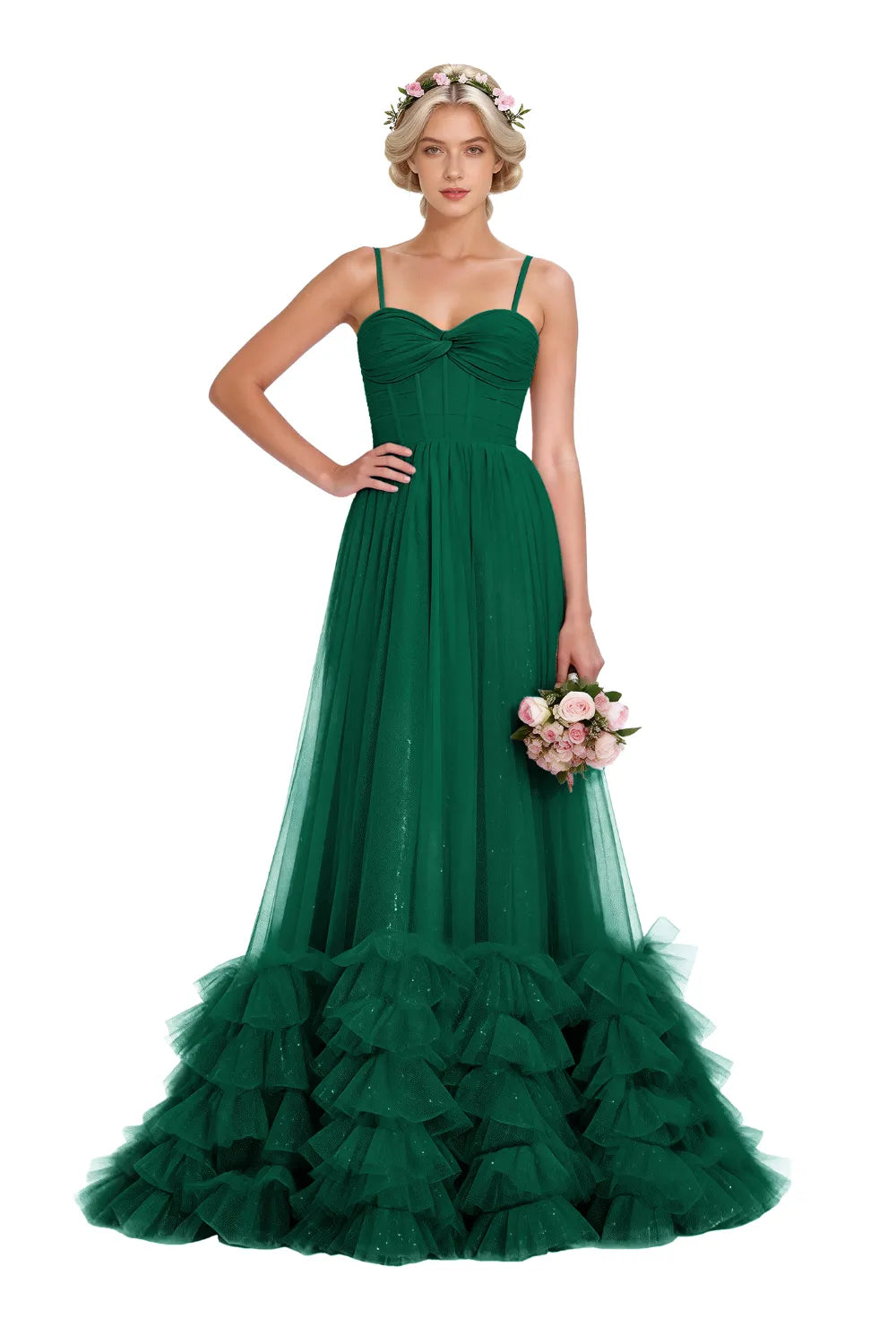 Strapless Ruffled Tulle Prom Ball Gown Dress