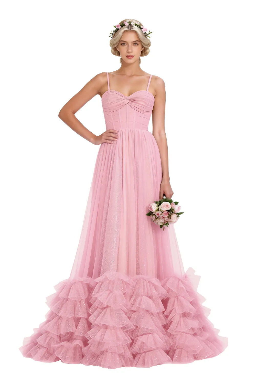 Strapless Ruffled Tulle Prom Ball Gown Dress