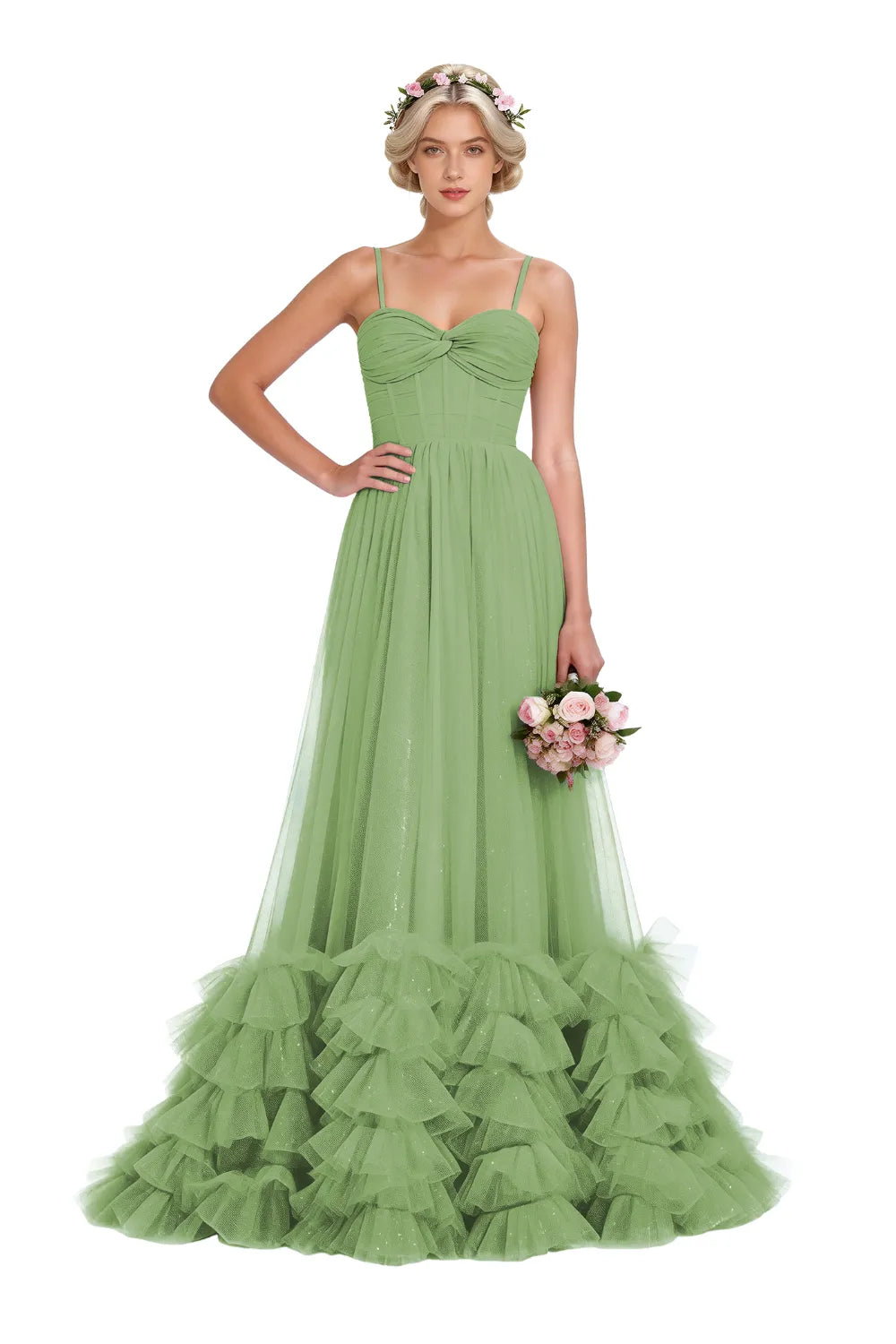 Strapless Ruffled Tulle Prom Ball Gown Dress