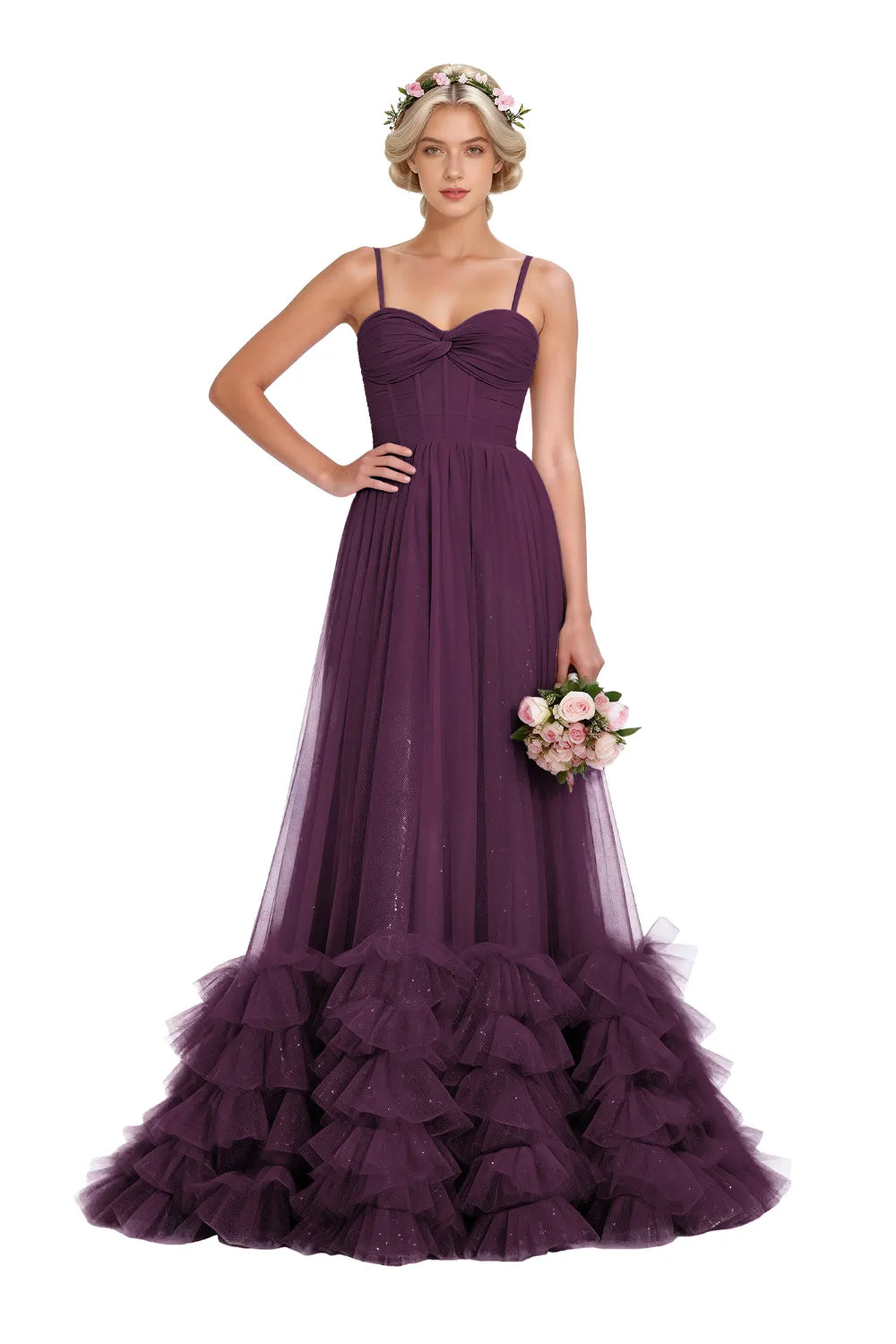 Strapless Ruffled Tulle Prom Ball Gown Dress