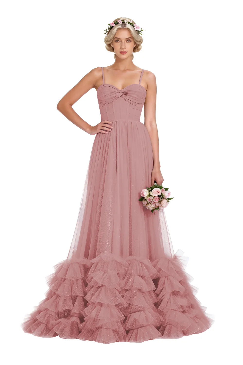 Strapless Ruffled Tulle Prom Ball Gown Dress