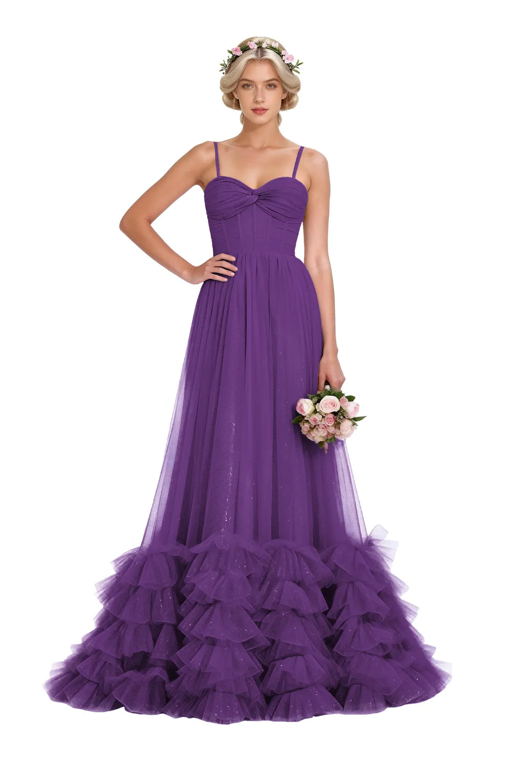 Strapless Ruffled Tulle Prom Ball Gown Dress