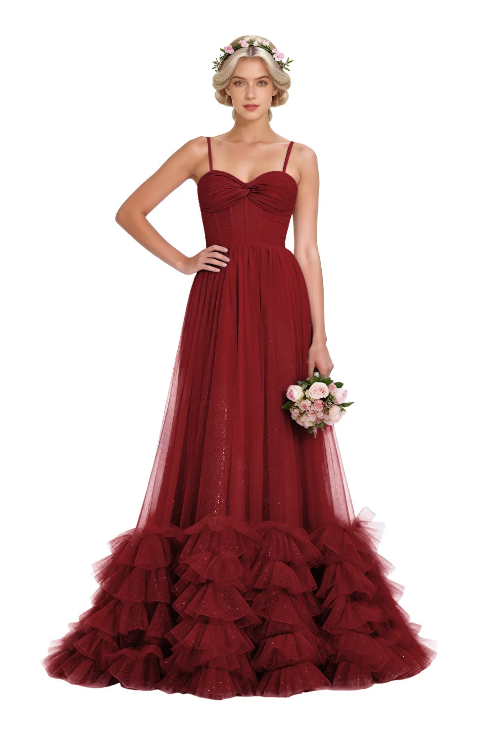 Strapless Ruffled Tulle Prom Ball Gown Dress