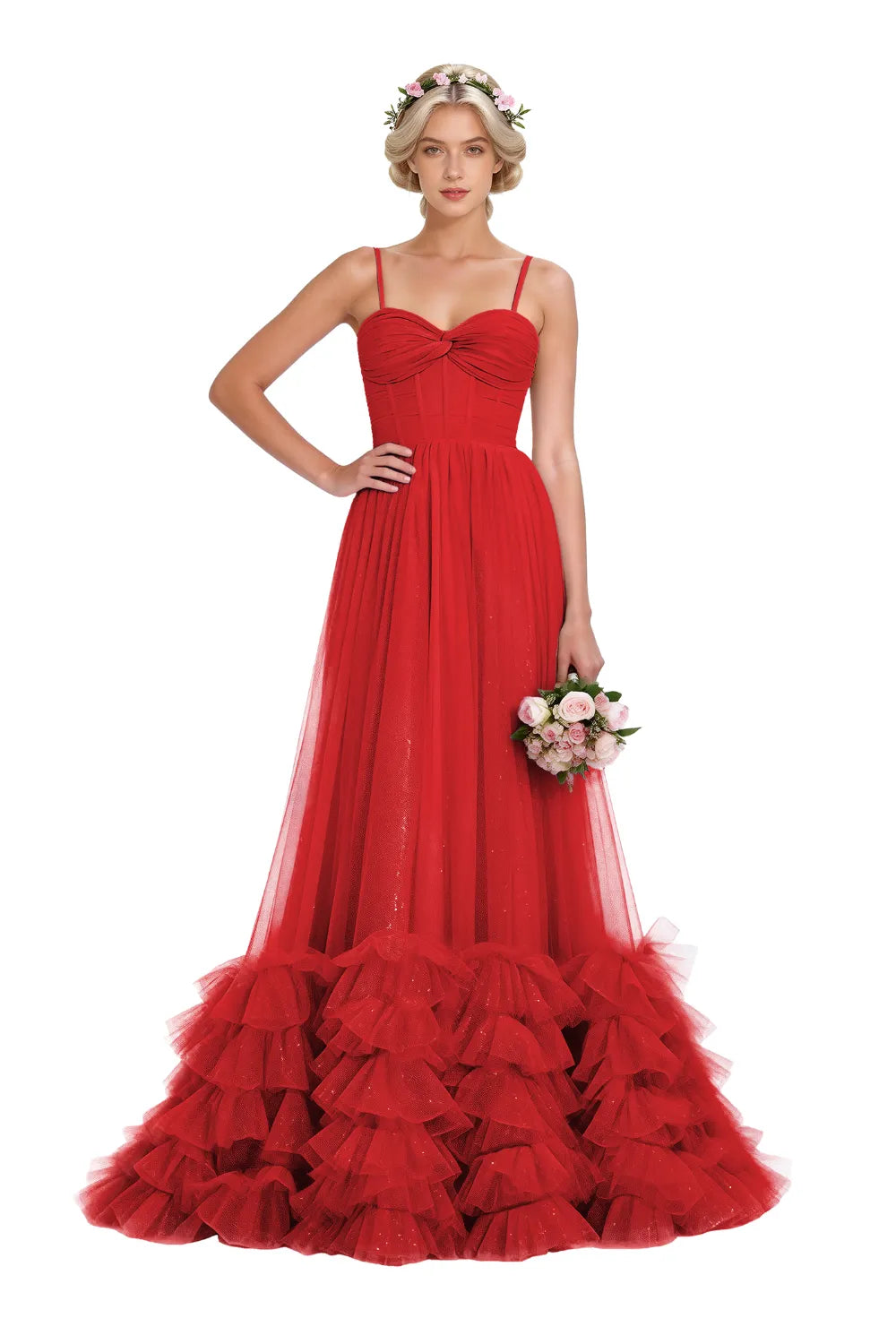 Strapless Ruffled Tulle Prom Ball Gown Dress