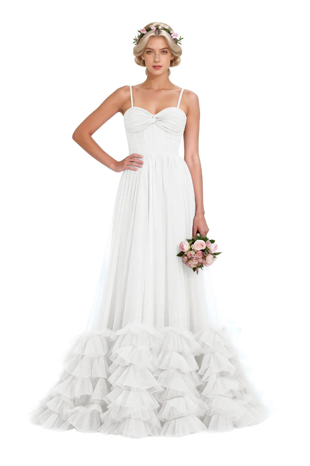 Strapless Ruffled Tulle Prom Ball Gown Dress