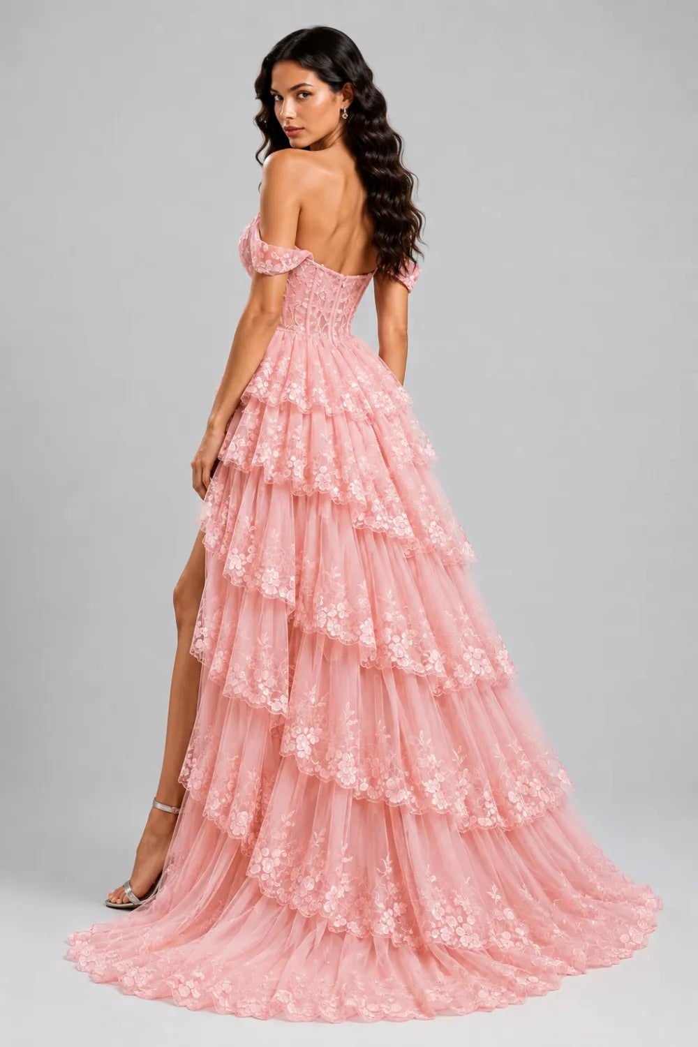 Off‑Shoulder Lace Corset Tiered Tulle Gown