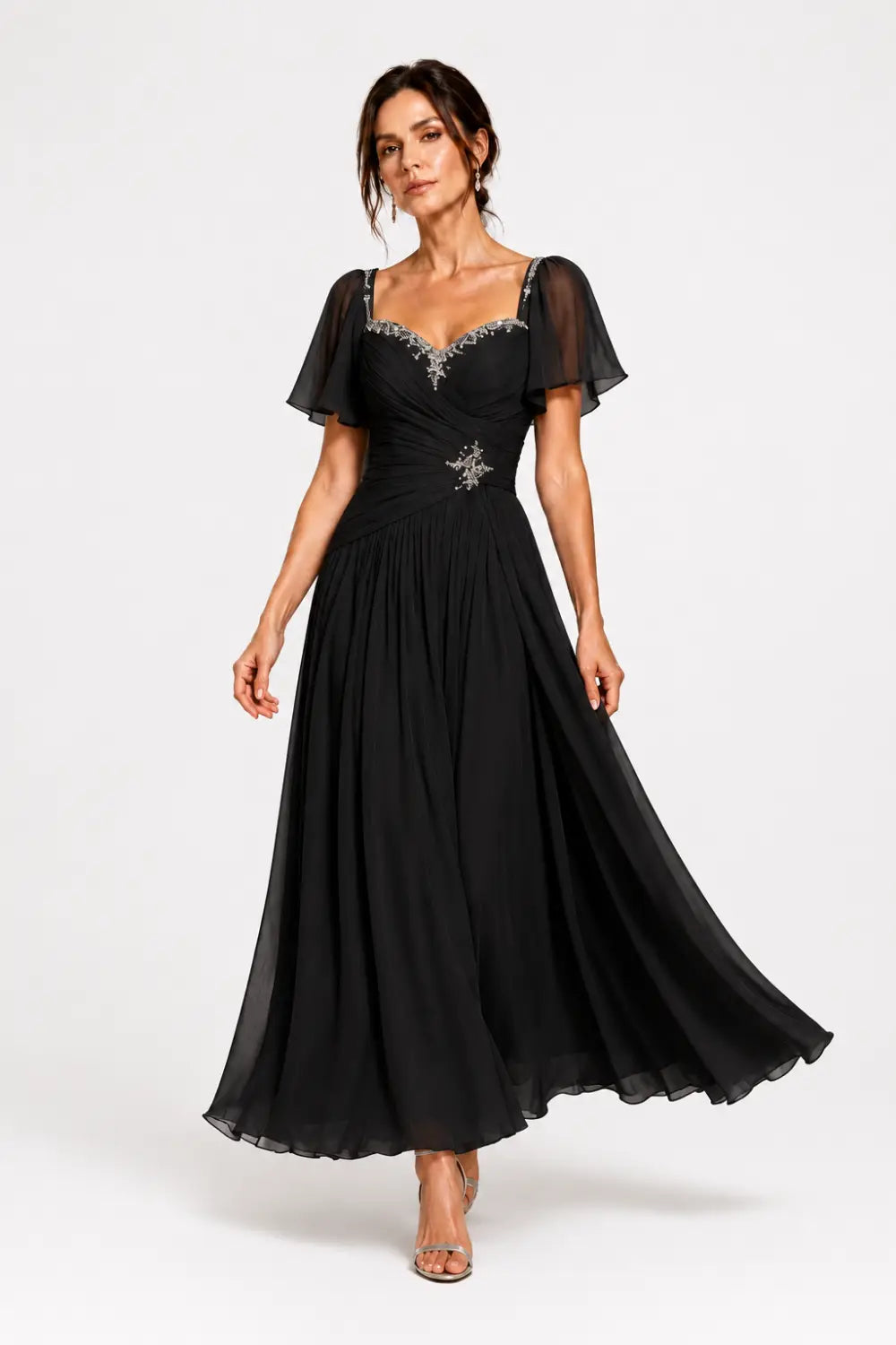 Pleated Chiffon Flutter Sleeve Formal Dress