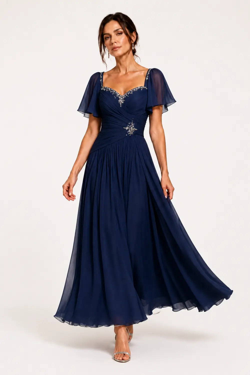 Pleated Chiffon Flutter Sleeve Formal Dress