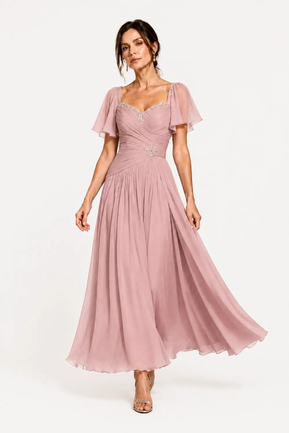 Pleated Chiffon Flutter Sleeve Formal Dress