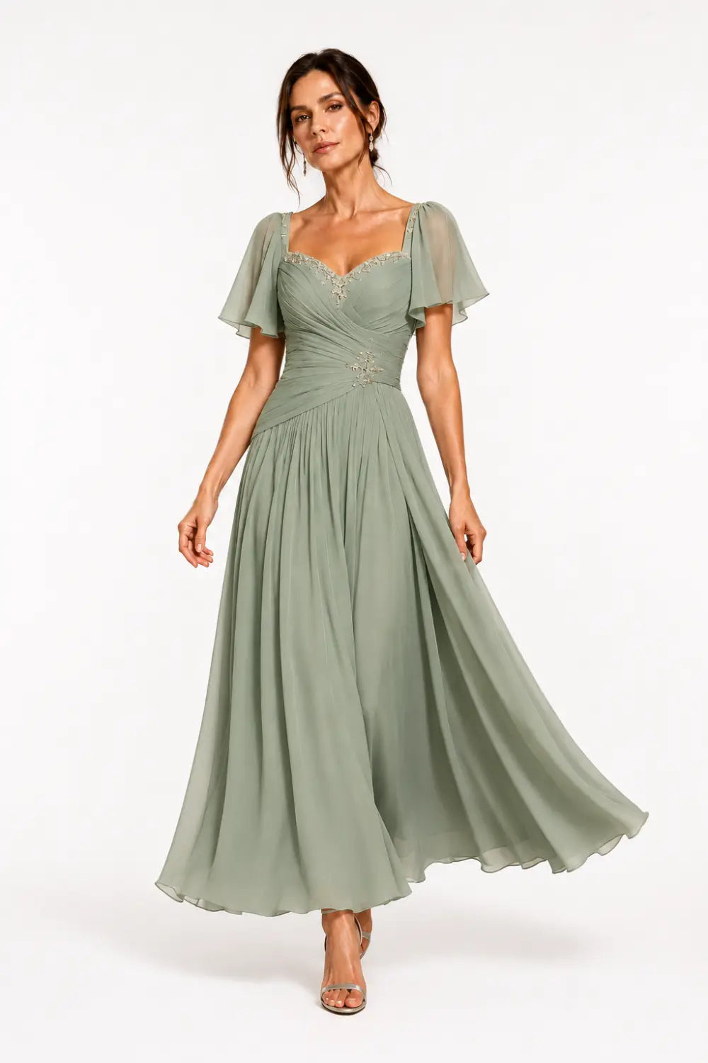 Pleated Chiffon Flutter Sleeve Formal Dress