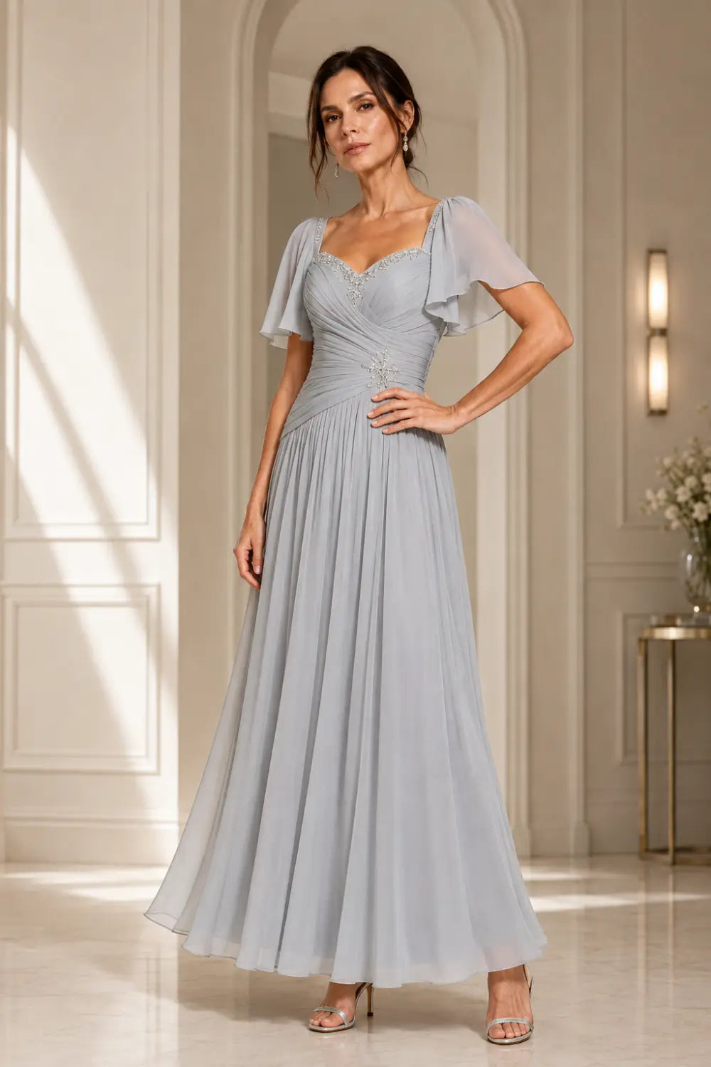 Pleated Chiffon Flutter Sleeve Formal Dress