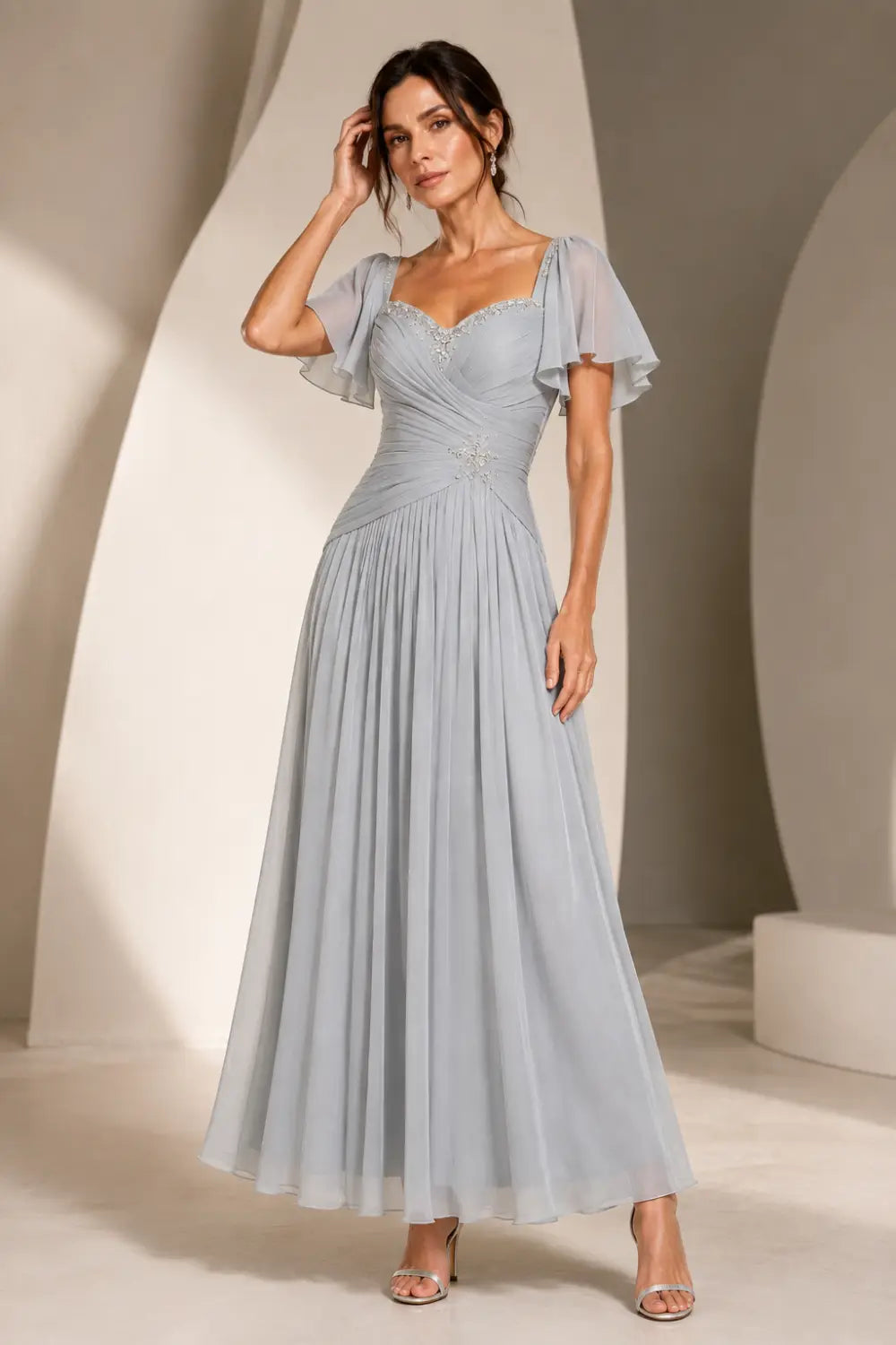 Pleated Chiffon Flutter Sleeve Formal Dress