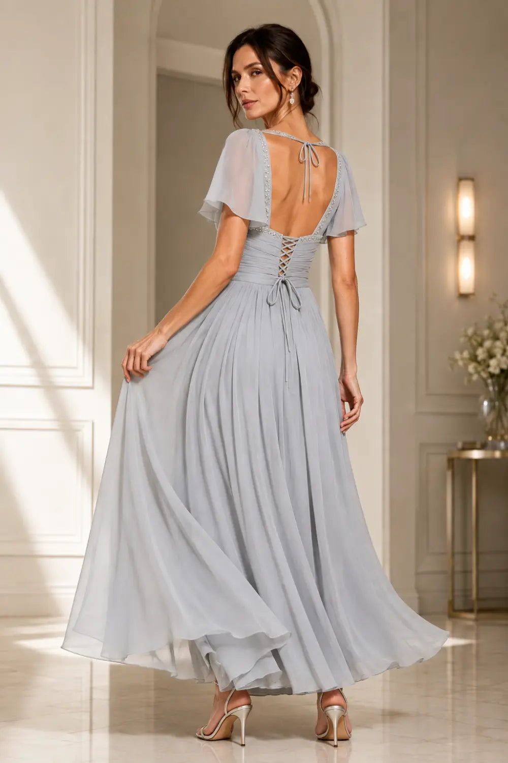 Pleated Chiffon Flutter Sleeve Formal Dress
