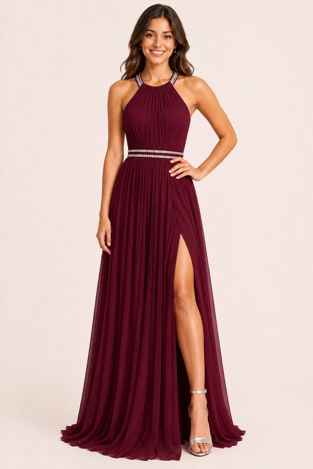 Pleated Mesh Halter Formal Dress with Thigh-High Slit