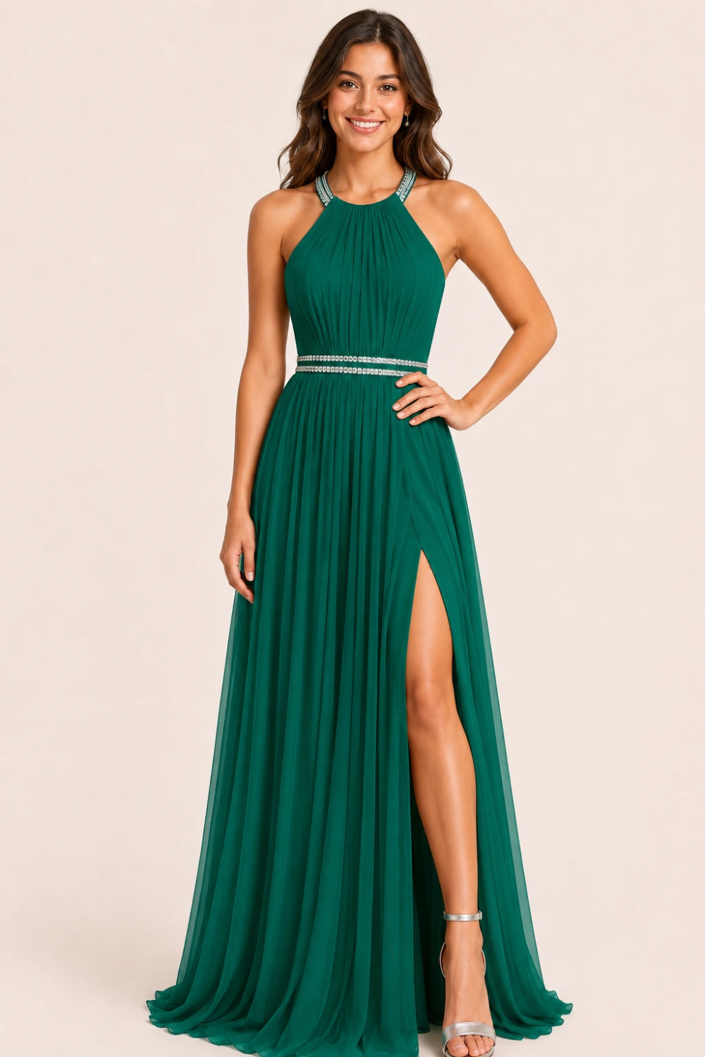 Pleated Mesh Halter Formal Dress with Thigh-High Slit