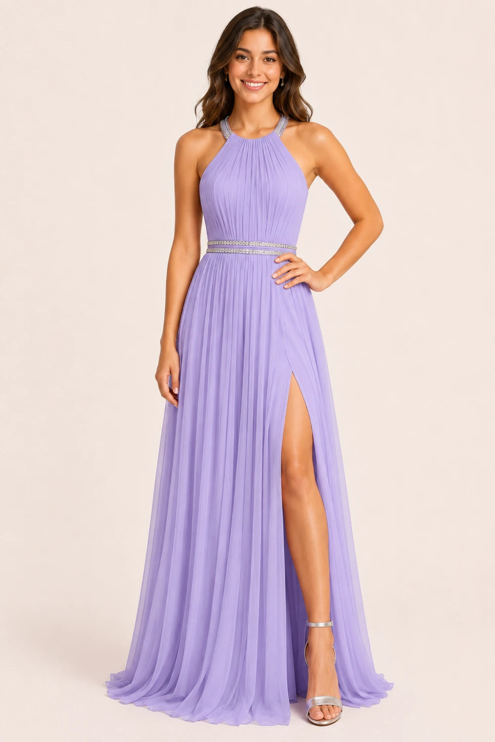 Pleated Mesh Halter Formal Dress with Thigh-High Slit