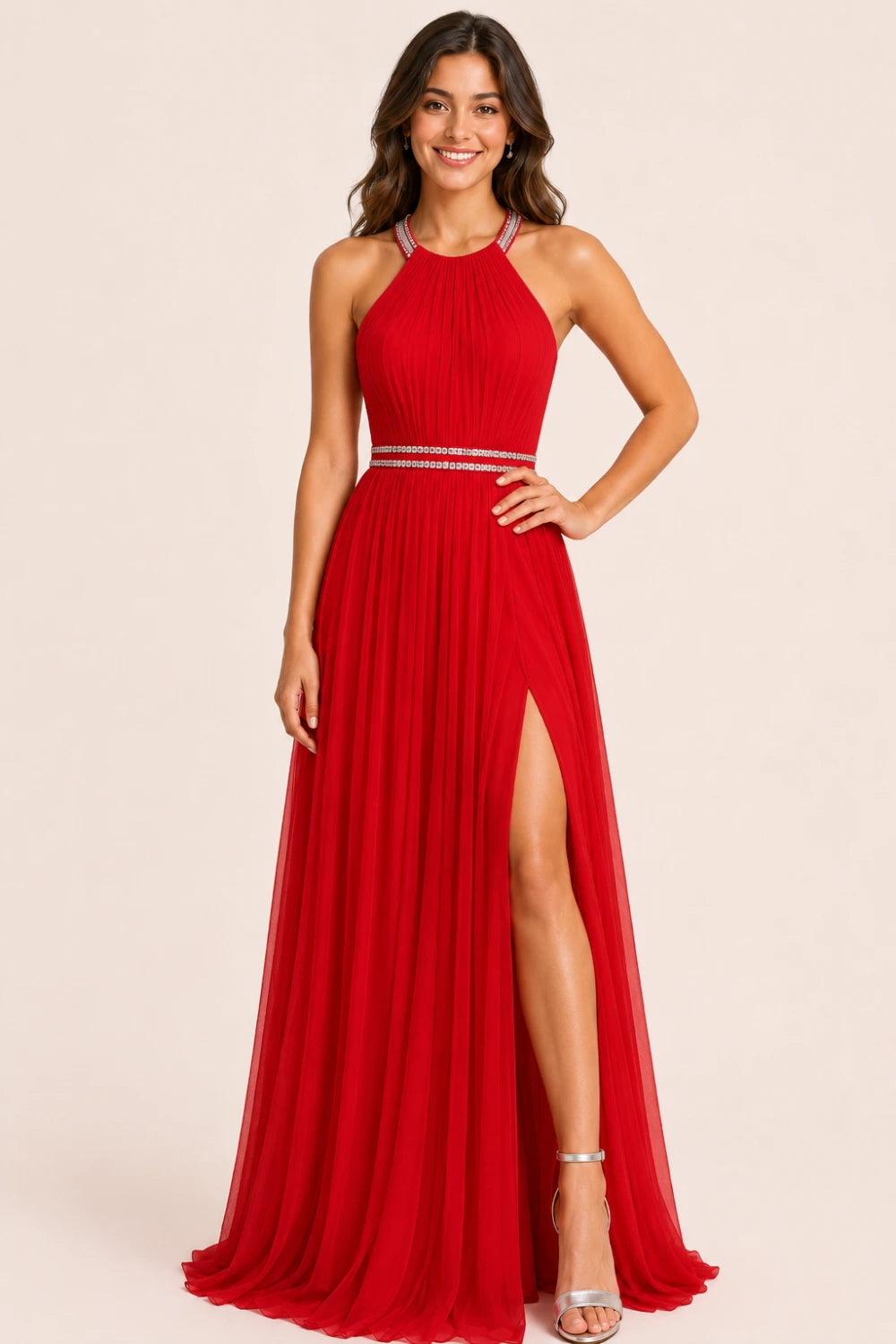Pleated Mesh Halter Formal Dress with Thigh-High Slit