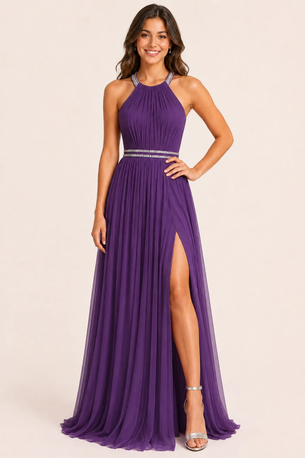 Pleated Mesh Halter Formal Dress with Thigh-High Slit
