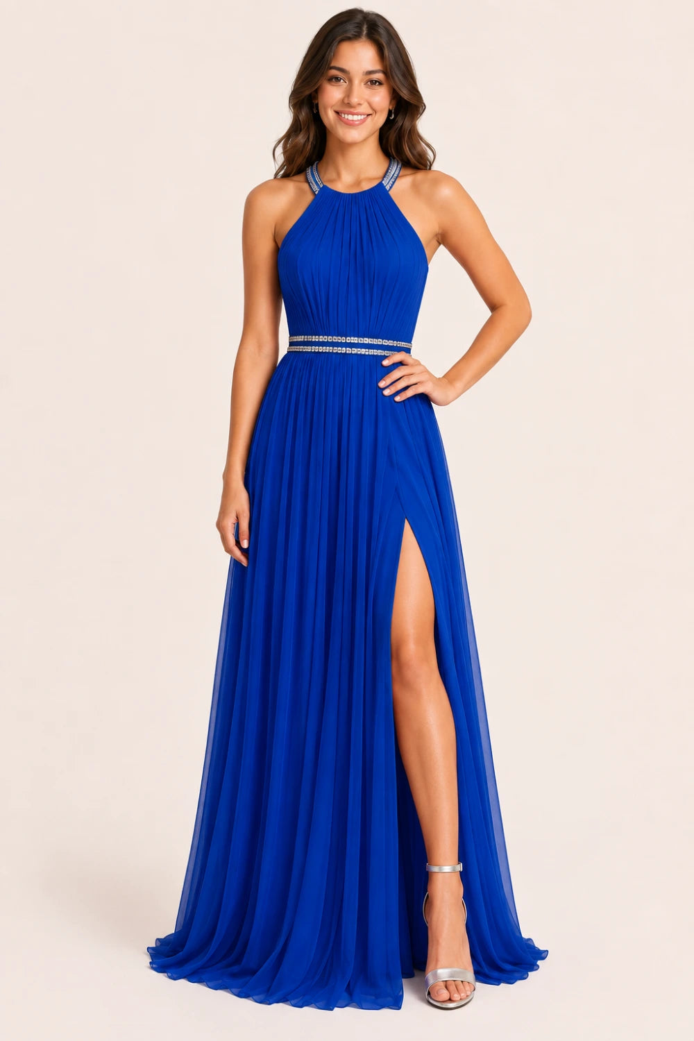 Pleated Mesh Halter Formal Dress with Thigh-High Slit