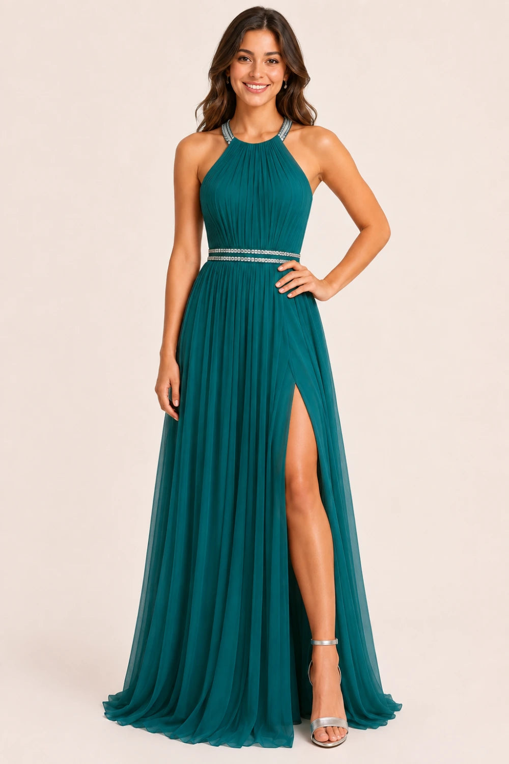 Pleated Mesh Halter Formal Dress with Thigh-High Slit