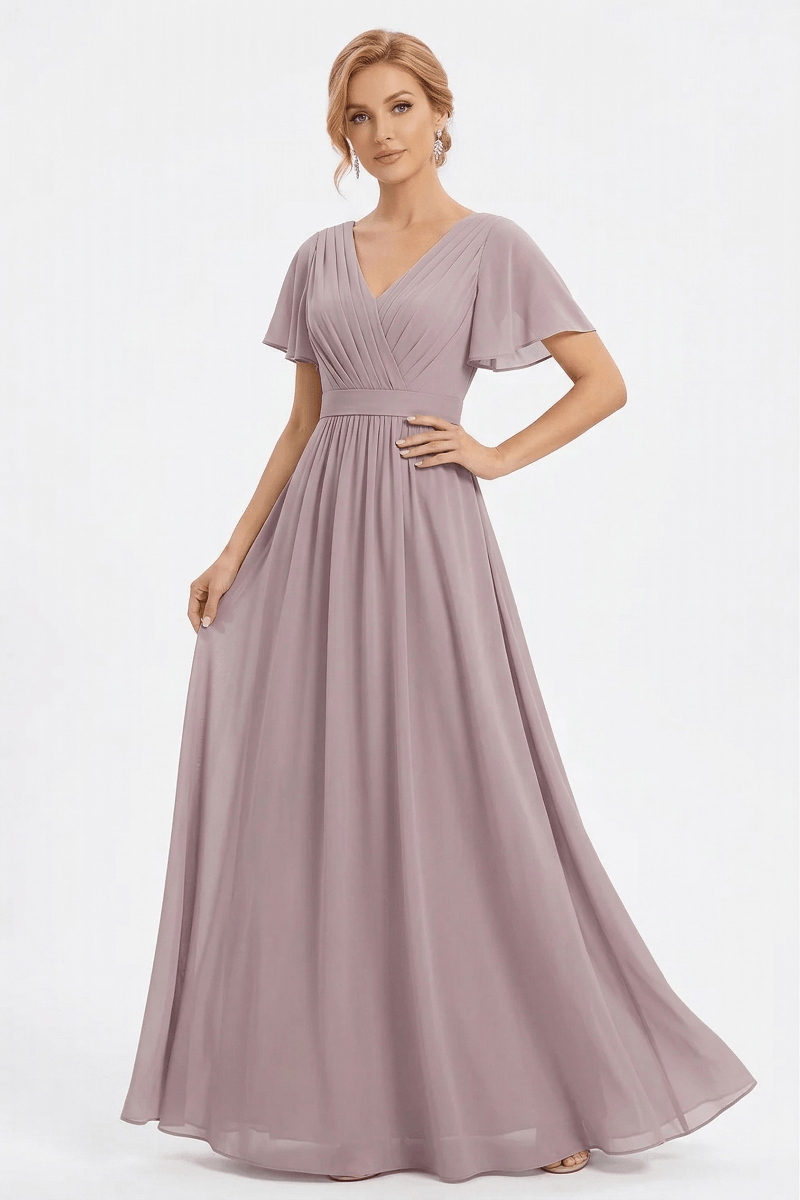 Elegant V-Neck Chiffon Maxi Dress with Ruffle Sleeves