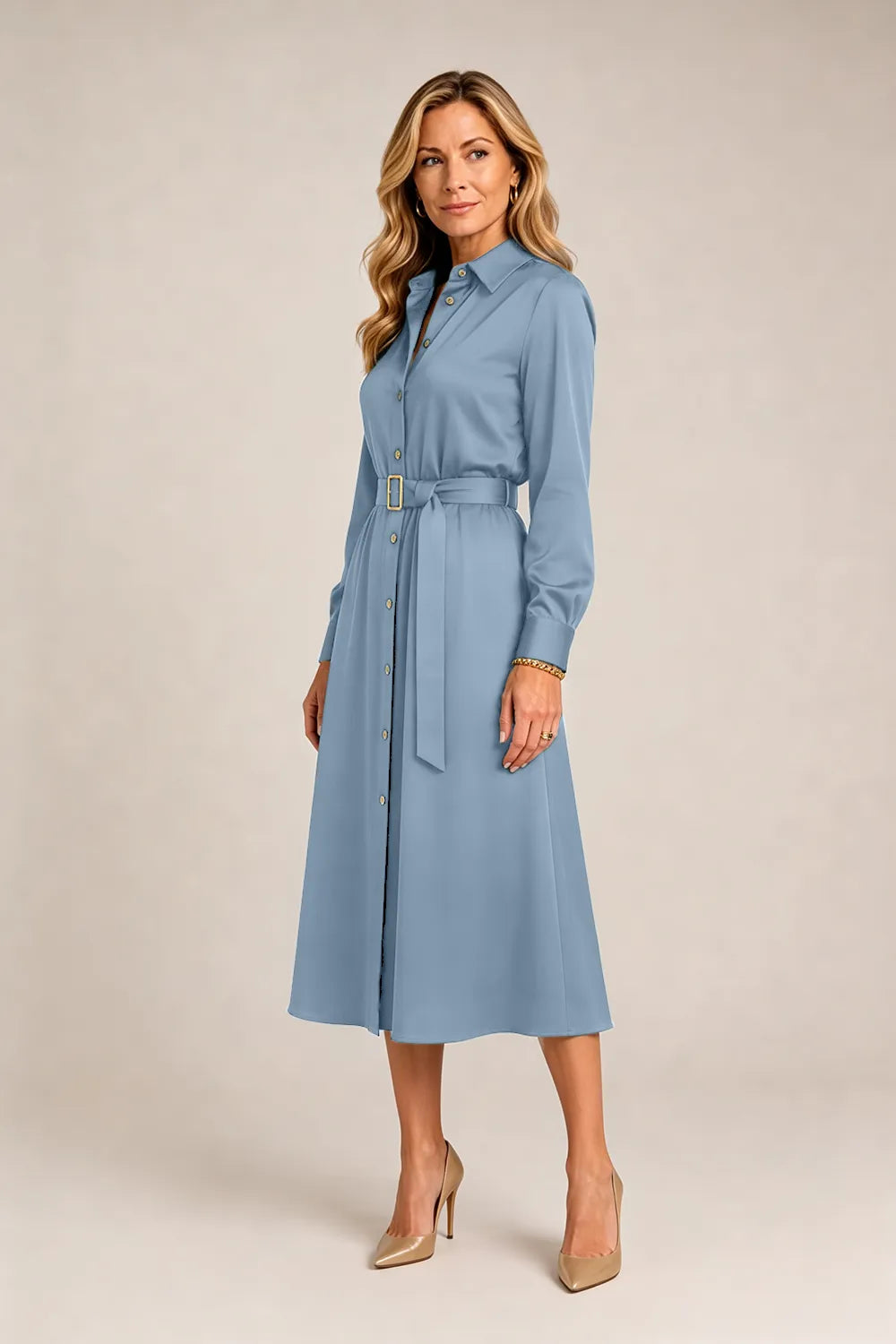 Belted Button-Front Midi Dress