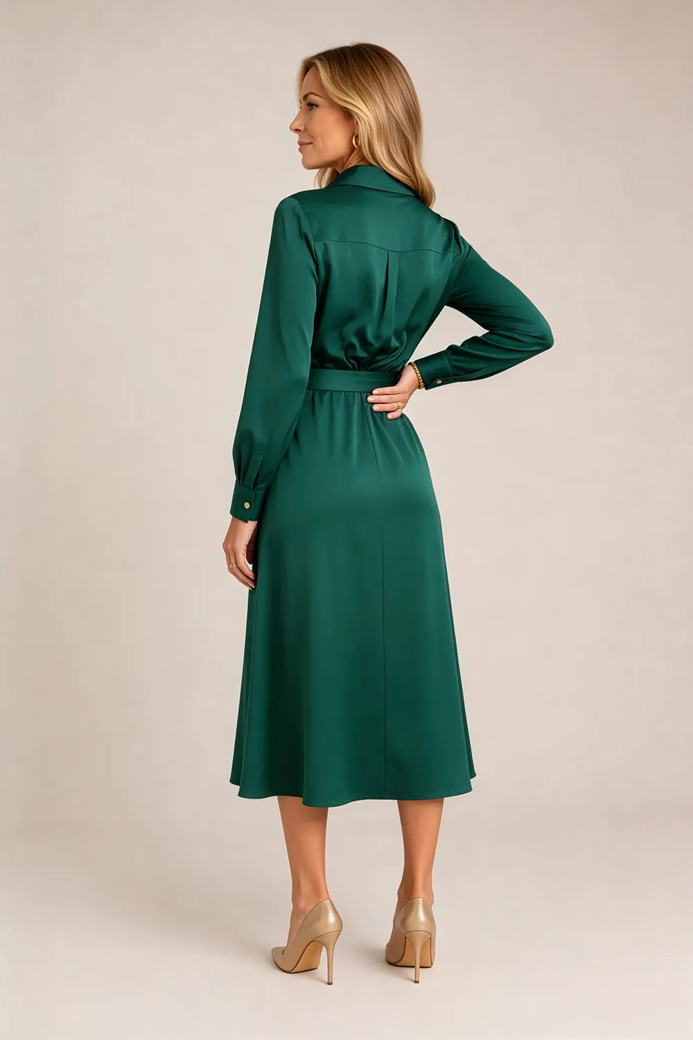 Belted Button-Front Midi Dress