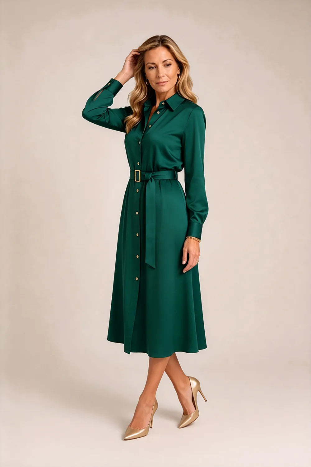 Belted Button-Front Midi Dress
