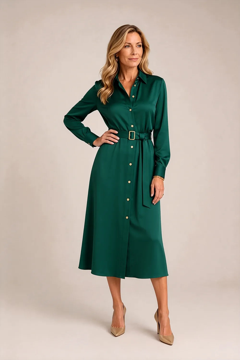 Belted Button-Front Midi Dress