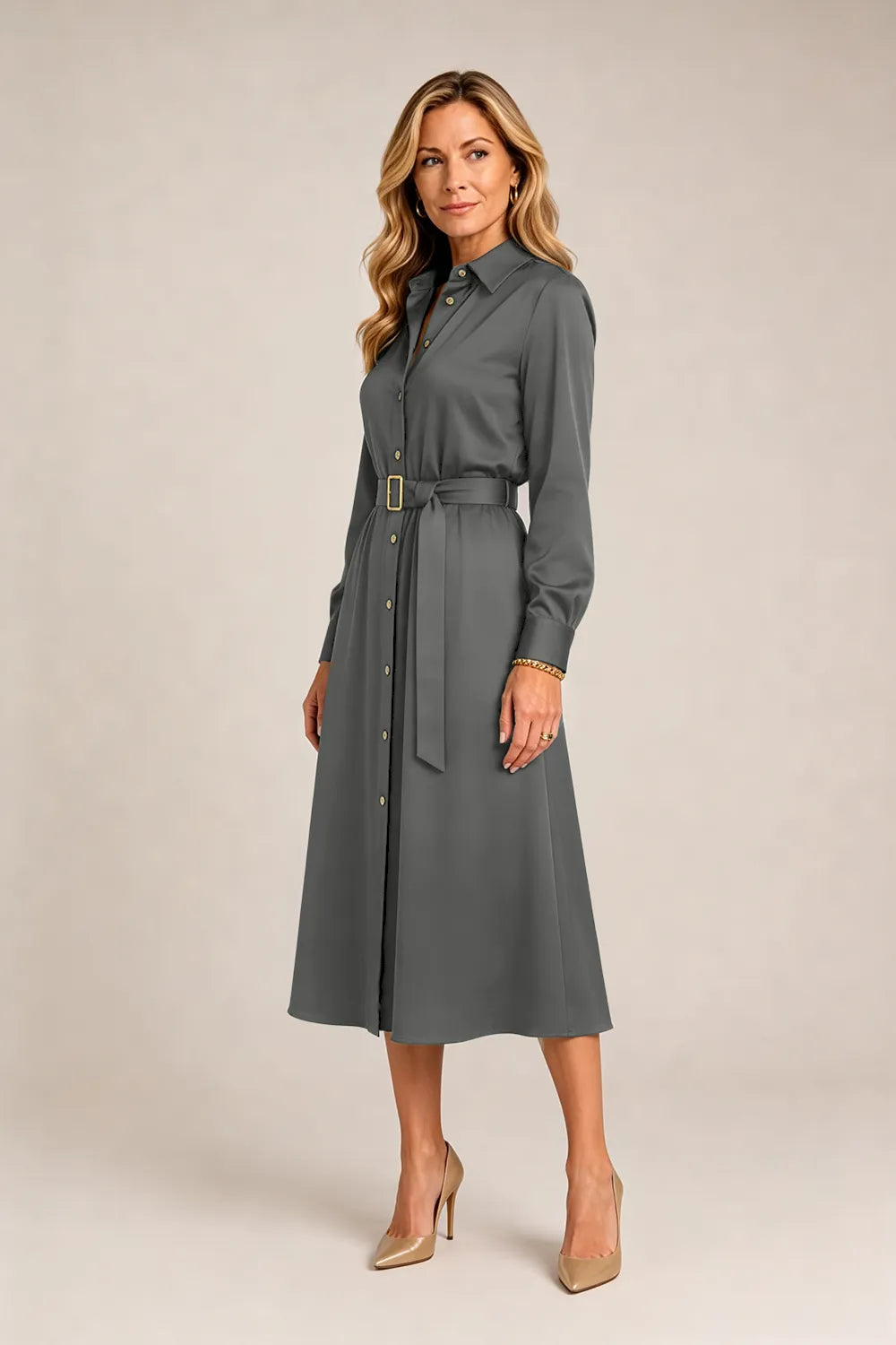 Belted Button-Front Midi Dress