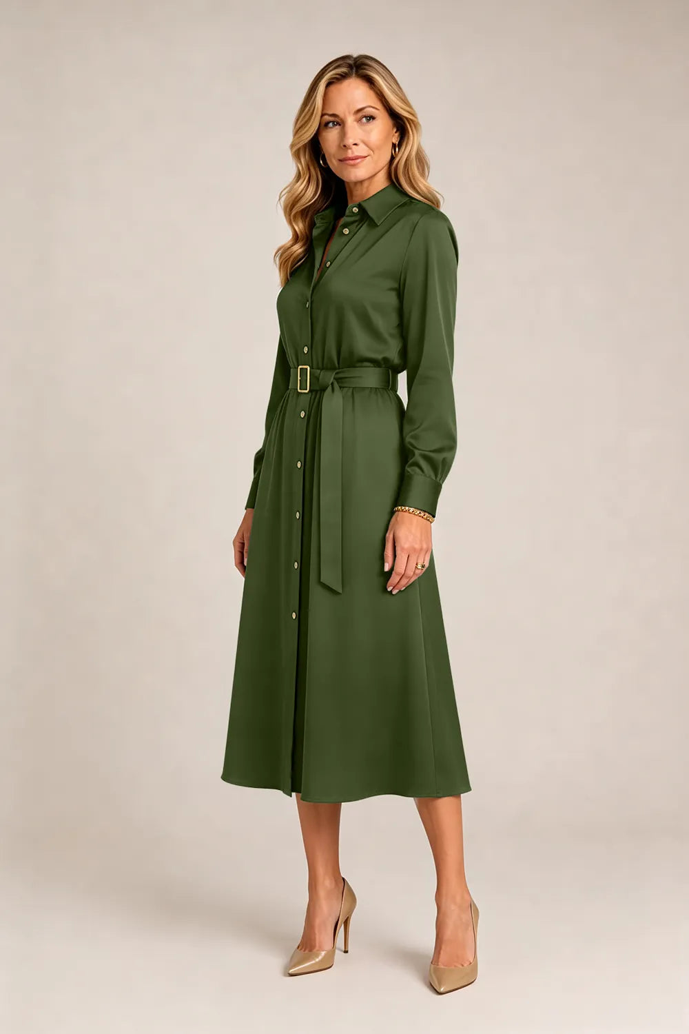 Belted Button-Front Midi Dress