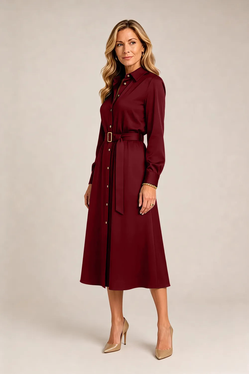 Belted Button-Front Midi Dress