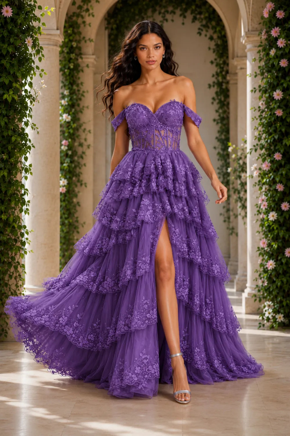 Off‑Shoulder Lace Corset Tiered Tulle Gown