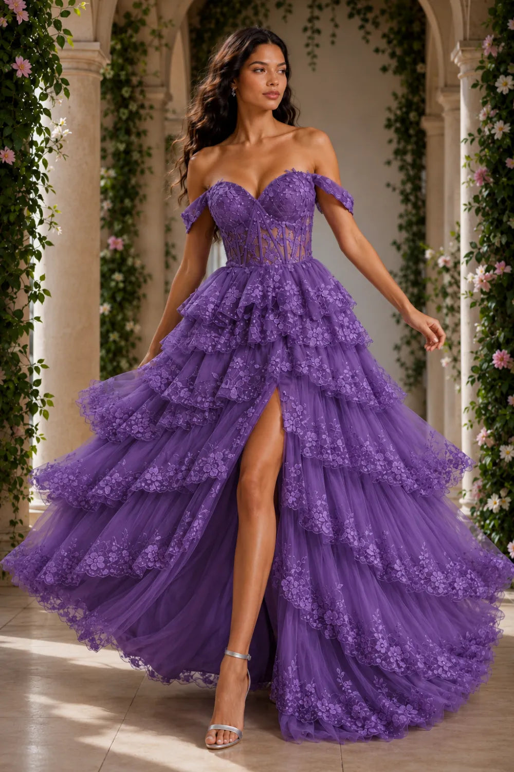 Off‑Shoulder Lace Corset Tiered Tulle Gown