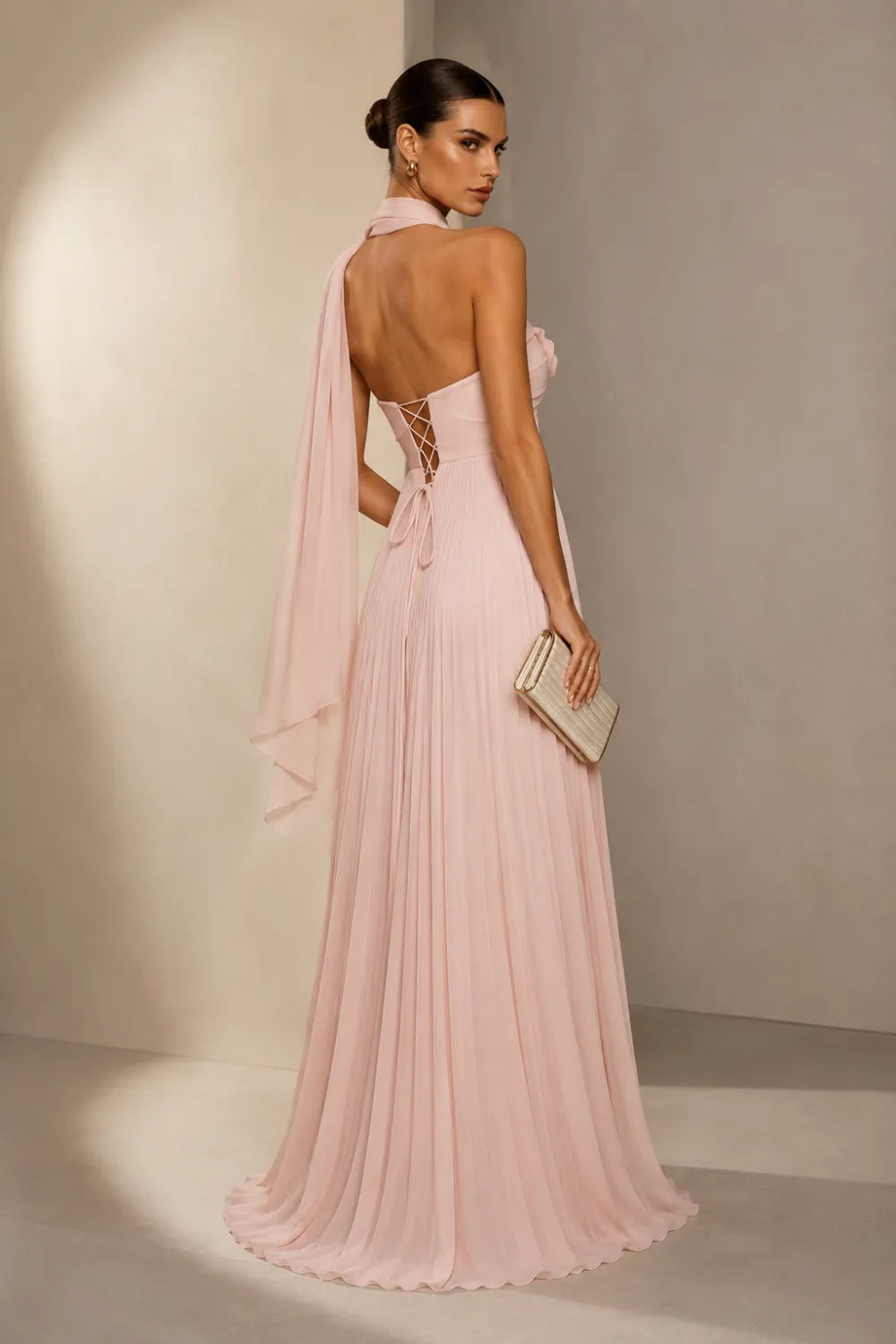 Floral Corset Pleated Chiffon Evening Gown