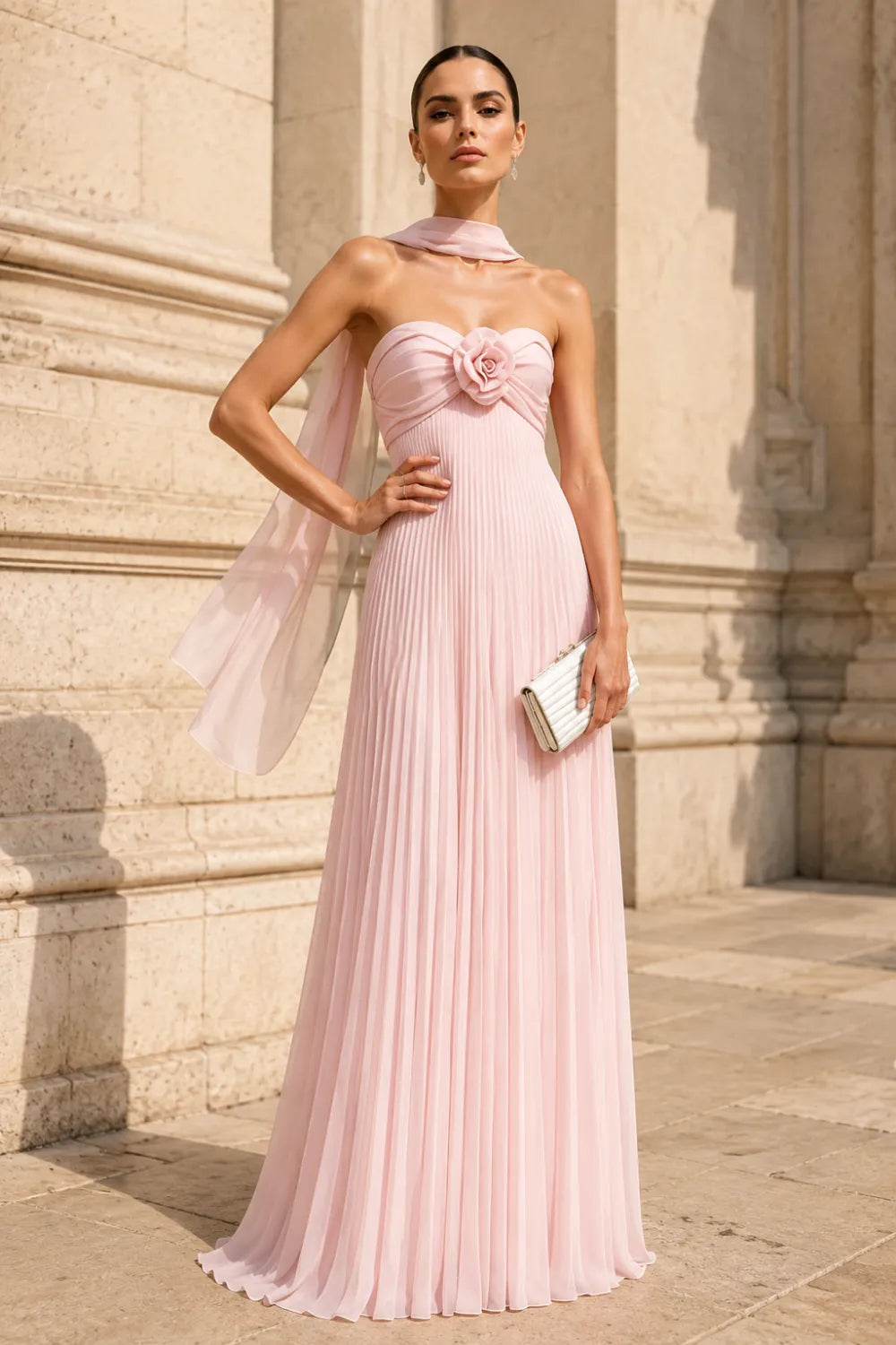 Floral Corset Pleated Chiffon Evening Gown