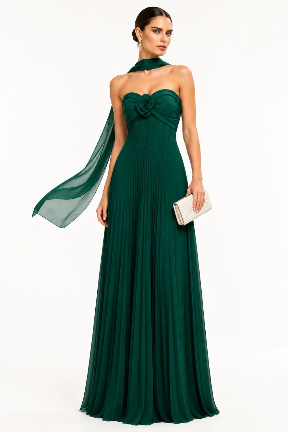 Floral Corset Pleated Chiffon Evening Gown