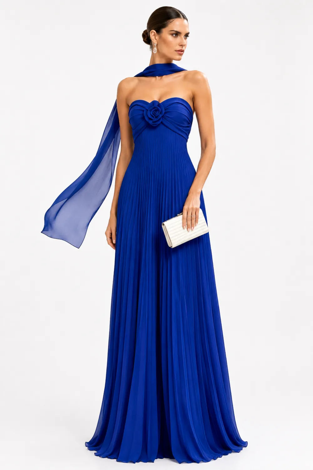 Floral Corset Pleated Chiffon Evening Gown