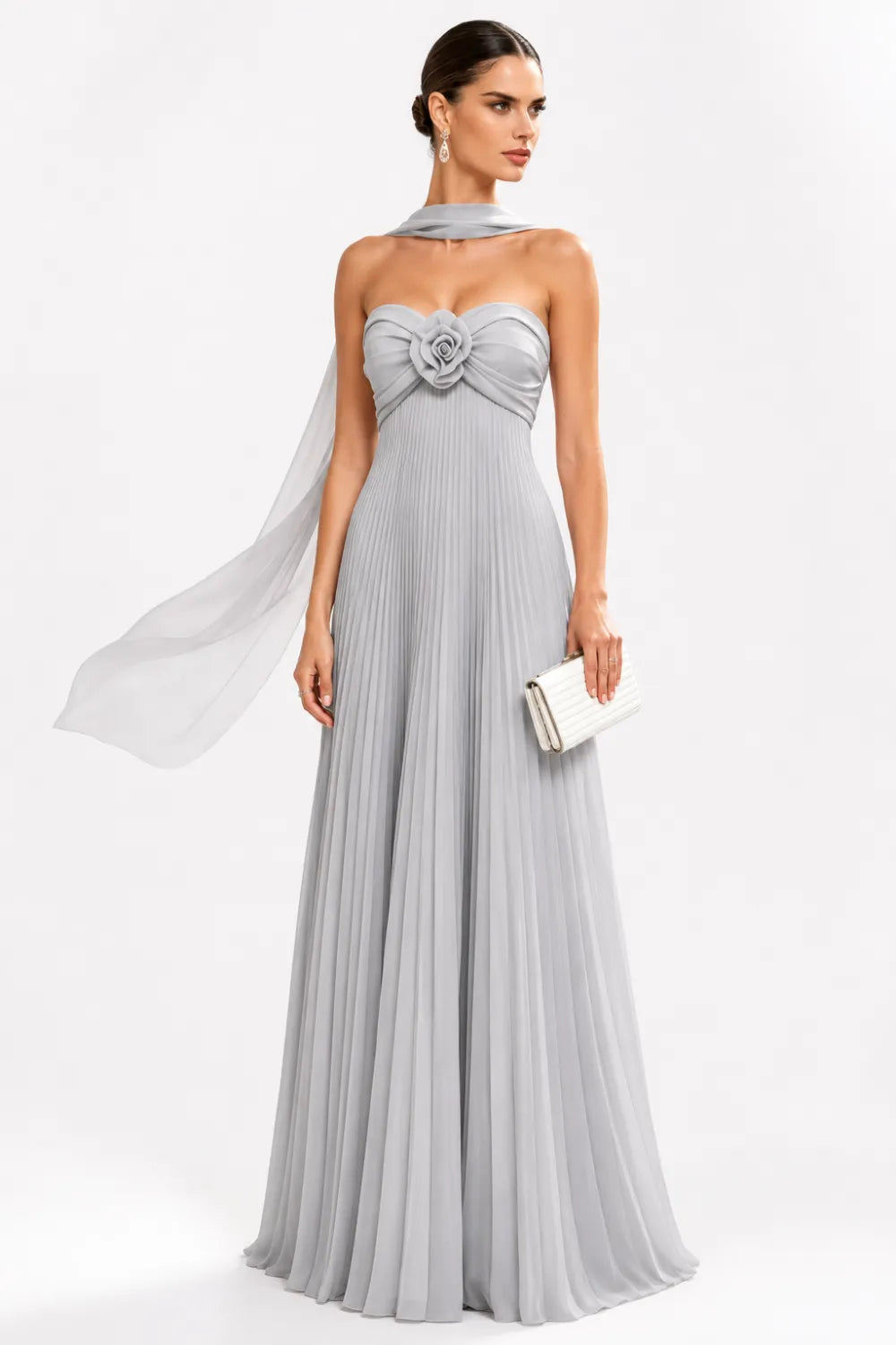 Floral Corset Pleated Chiffon Evening Gown