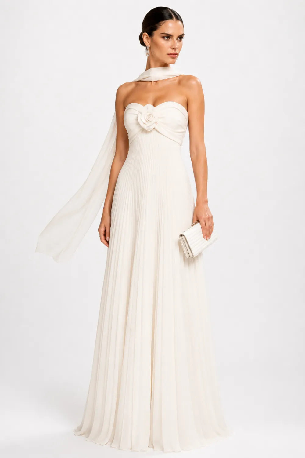Floral Corset Pleated Chiffon Evening Gown