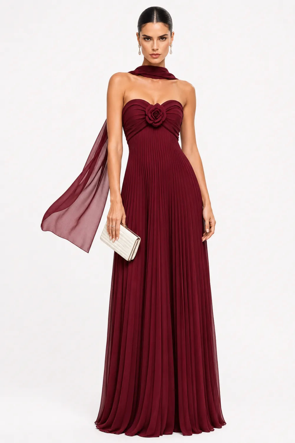 Floral Corset Pleated Chiffon Evening Gown