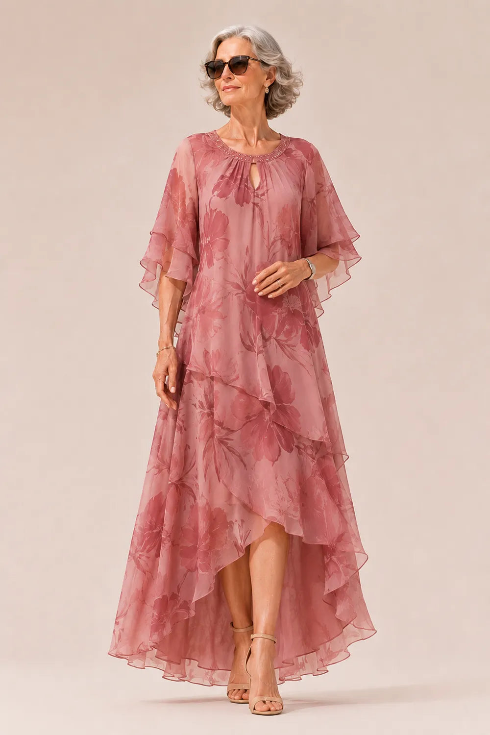 Floral Chiffon High-Low Ruffle Evening Dress