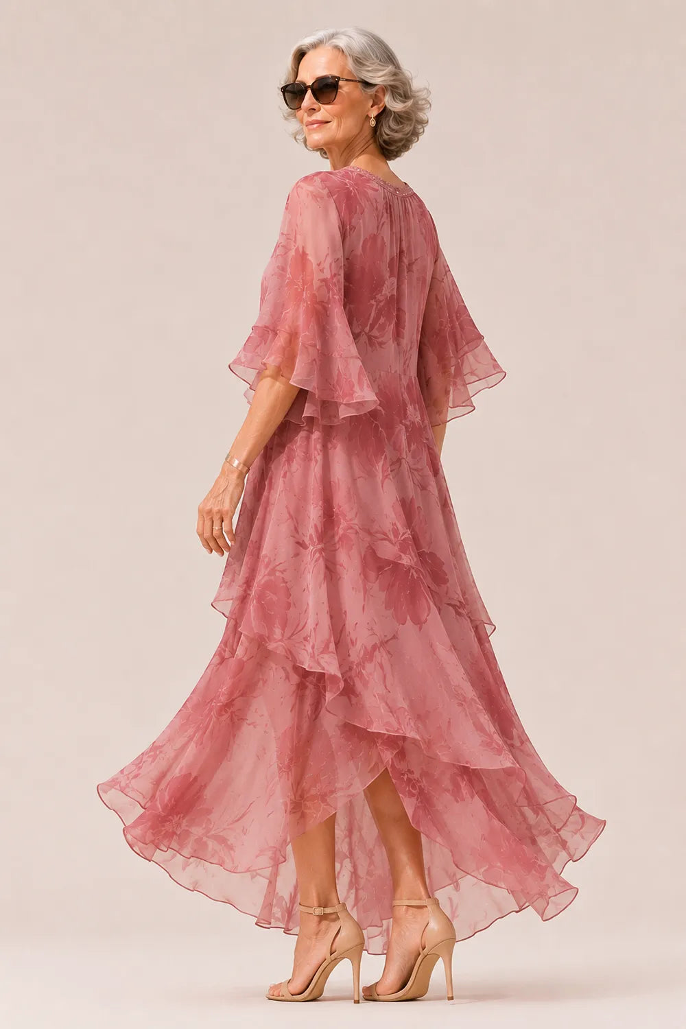 Floral Chiffon High-Low Ruffle Evening Dress